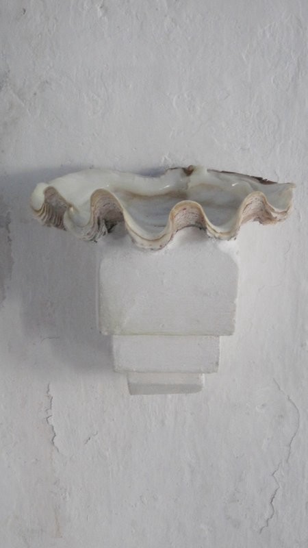 A giant clam used for holy water in the church.