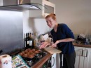 Hanneke making pecan nut muffins for breakfast
