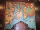 An old representation of Narragansett Bay on the wall in the entrance hallway of the Seaman