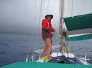 Andy reefing as a squall approaches us on the frontal boundary