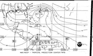 A weather fax odf the synoptic chart showing the intense winds on the Northp-East side of the depression forming. It deepened after this. We stayed down in the more widely spaced isobars for 2-days while waiting to see how intense it would grow and which direction it would track.