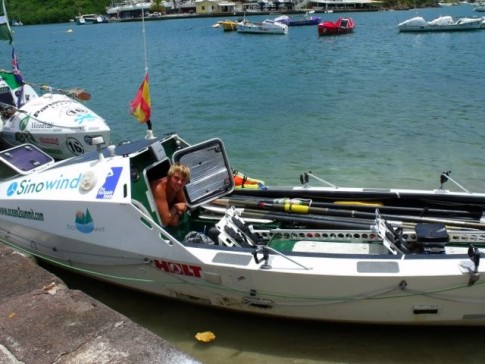 Ashley aboard the vessel in which he and a partner rowed from the Canary Islands to Antigua in about 80-days at sea. His rowing partner has left Ashley here while he joins an Everest summit climbing expedition in the Himalaya.