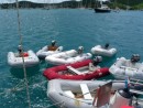 The dinghy raft left behind as we set off for a day at the races aboard Aleria.