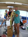 Menno caught the first Mahi-Mahi of the day while under sail in the Exuma Sound on our way to Georgetown.