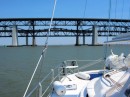 Lots of bridges as we head up the Delta.  The middle, low railway bridge was just a few feet clear of our mast.