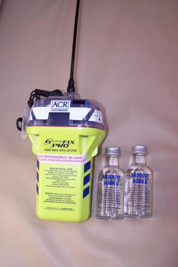 Two important items to have in your ditch bag, an EPIRB (Emergency Position Indicating Radio Beacon) to contact Search and Rescue if you have to abandon ship, and two shots of vodka.  The vodka serves as the back up to the EPIRB if it does not work.  Vodka was a thoughtful Christmas gift form Janet