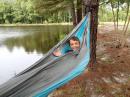 Relaxing: Coleson in the hammock by the pond.