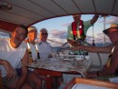 Sunset from the cock pit with JP, Mary Ann, Bill, Bink (at the Helm) and JC