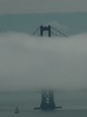 The south tower of the Golden Gate Bridge hides in a fog bank.  Note the tiny sailboat for scale.