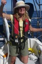 Tammi holds upur first ocean fish  -  a small yellow fin tuna.  A little embarrassing to slay but very tasty.  We
