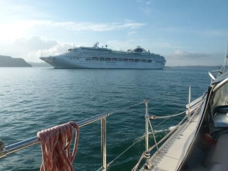 Cruise ship at anchor as we approach Opua Marina.