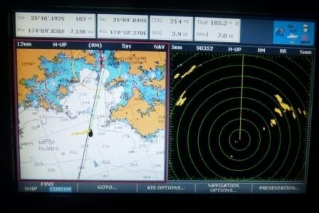 Chartplotter and radar view as we approach the Bay of Islands.