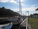 Voyageur, raised approximately 10 feet, prepares to exit the lock.
