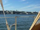 Passing the Naval Academy on the way up the Severn River to an anchorage on Round Bay.