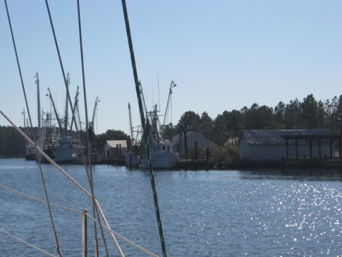 Fishing boats tied up along the Hobucken Cut.