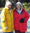 Bobby and Starr huddle in the cold for a picture on the beach at Hunting Island State Park.