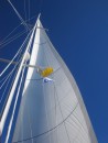 Flying the jib, and our yellow quarantine flag and new Royal Marsh Harbour Yacht Club burgee