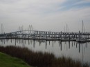 The docks at Bayland Marina with the Fred Hartman Bridge in the background