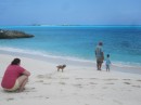 Jamie, Fuzzy, Grandpa and Adler at the beach on Little Exuma Island