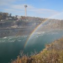A rainbow from the mist off the Horseshoe Falls in front of the river and Canadian shore.
