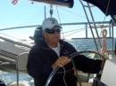 Cal takes the helm after we go under the Sunshine Skyway Bridge.