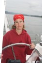 Lisa at the Helm after a tough night offshore