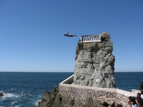 IMG_0461: one of the famous Mazatlan cliff divers. They dive into pretty shallow water at the base of the tower. Two months ago, a diver missed and was killed. That