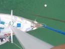 Looking down on the bow of the Chiqui from top of the mast.
