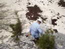 Brian climing down rock on beach