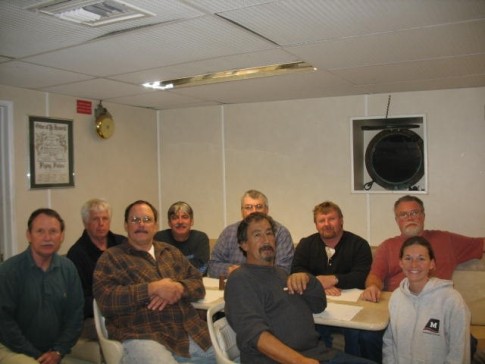 R/V Cape Hatteras Crew
(from left to right) Steve Dixon (AB), Bobby Daniels (1st Mate), John Nelson (Boson), Mark Smith (Chief Engineer), Dale Murphy (Master), Mike Slade (Cook), Glen Salter (AB), Larry Morris (2nd Mate), Tina Thomas (Marine Technician)