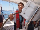 John, my nephew at the helm outside Cascais.  This was his first helming experience and he did very well.