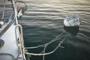 Dodgy mooring apparatus. A bar fridge of polystyrene with manky ropes. We put our own one on below the float.