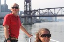 Our crew Jake and Renae in New York.  We are just about to go under the 40 foot clearance bridge, just before we were boarded by Coast Guard.