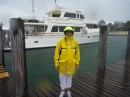 Vicki looking happy with our efforts to secure Vanish at Port Lucaya Thu evening 25 Oct 12, 1 day before Hurricane Sandy.