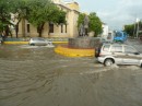 The flooded roundabout on Bastidas Street, Santa Marta.  Note that the cars are going on both sides on the circle for some unknown reason