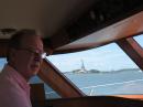 Maynard on the bridge.: Statue of Liberty in the background.
