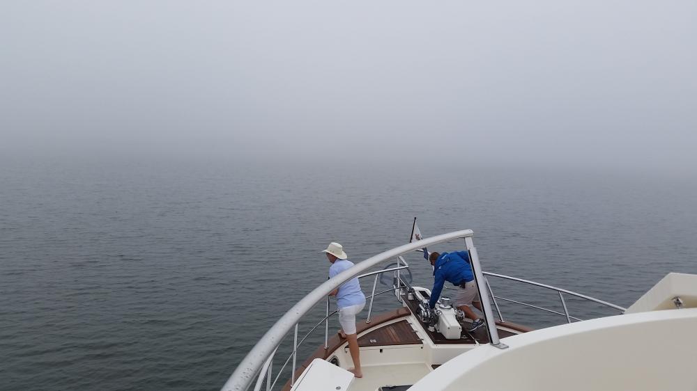 Orient, Long Island anchorage: Raising the anchor in very thick fog