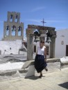 Sorts were not considered the proper attire for visiting the monastery in Patmos, so Linda was required to wear this hot skirt.  