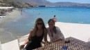 Victoria and Emily at cafe on beach in Paros