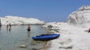 Don and kayaks on the white pumice beach at Milos.  