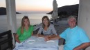 Victoria, Linda, and Don at dinner at taverna on Kythnos.  Anchorage is also known as "Sandbar Beach".