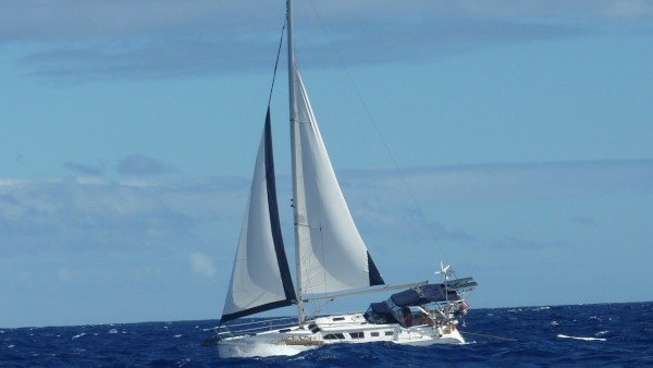 Koinonia II is seen here sailing in the Windward Islands of the Caribbean where she sails comfortably and high to weather with reefed sails!