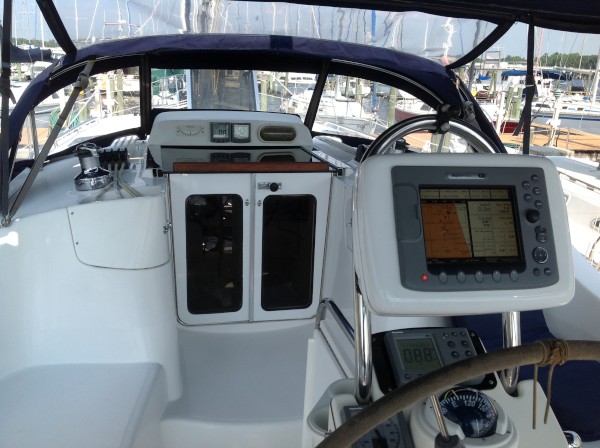 There is a great almost unobstructed view forward especially from the spacious and comfortable stern seating. All instruments and chart plotter are easily viewed from any seating angle aft of the helmstation.  The Boat Speed and Water Depth instruments are strategically placed for monitoring by all crew regardless of seating location in the cockpit.