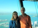 Smiling tourists on the Sky Tower observation deck.