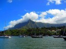 The crowded anchorage in Tahauku Bay, just outside Atuona, Hiva Oa.