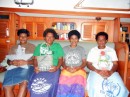 From left to right - So, Nessi, Jasmine and Koro. So, Jasmine and Koro are holding things of ours they found in the cabin that must have fascinated them; Nessi is holding a woven purse that Koro brought to give Linda.