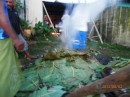 Taro leaves to protect food coming off fire