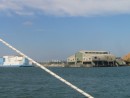 Old terminal & huge blue/white barge