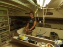 Gail in the Galley/salon Farfarer at Covey Island Boatworks