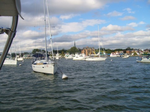 The Annapolis Mooring field on a typical day right off the town docks (facing the Marriott Hotel).